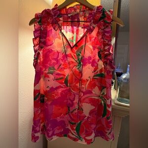 Entro Pink and Red Floral Ruffle Blouse